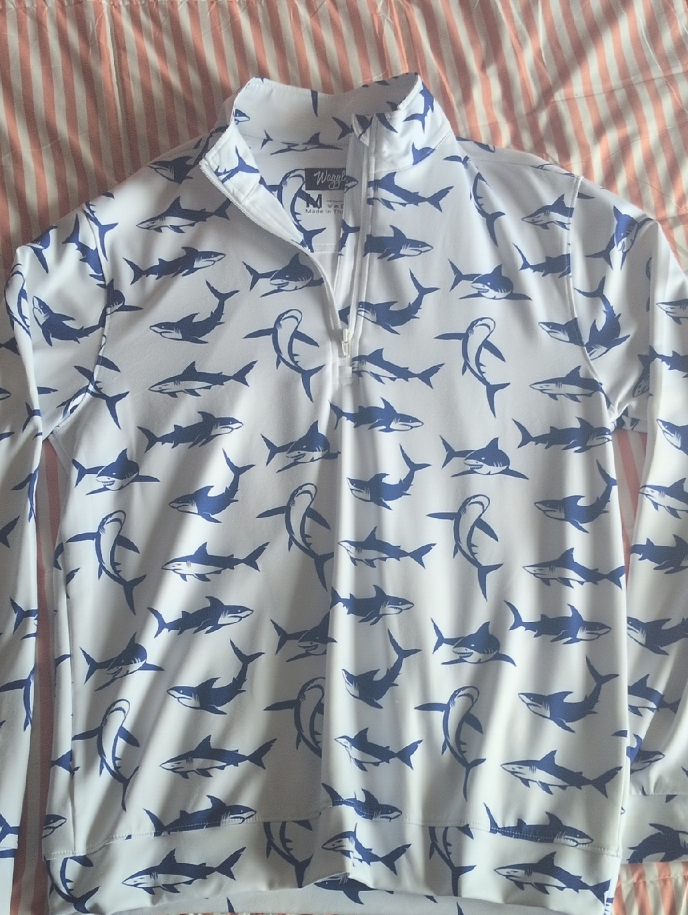Men's White Shark-Print Quarter Zip Rash Guard
